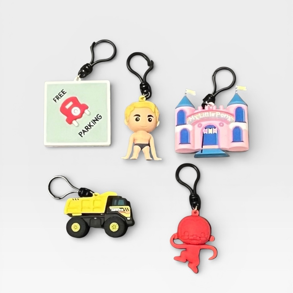 FIVE NWOT Hasbro 2025 Mini Keychain Bag Clips Retro Monopoly Tonka Little Pony